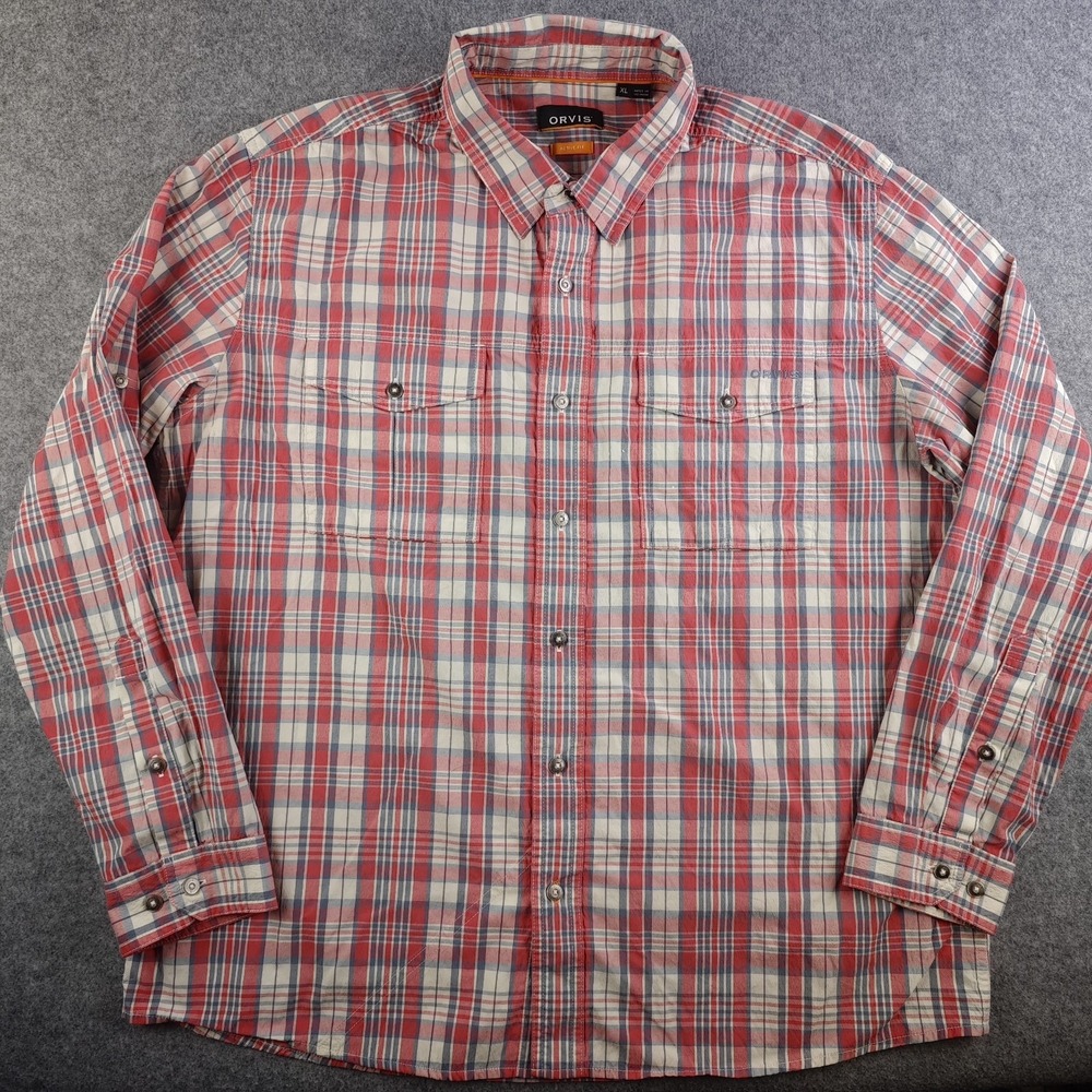 Orvis Shirt Mens XL Active Fit Red Plaid Long Sleeve Button Up Stretch